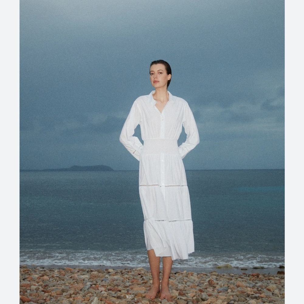 Thakoon White Long Sleeve Eyelet Cotton Smocked Waist Midi Dress NWT - Size 8